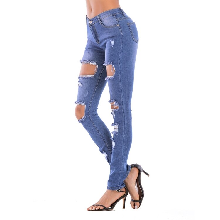 Stretch-Jeans med huller Blå - L