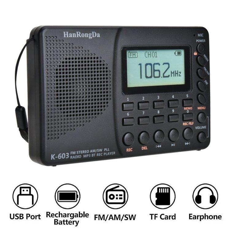 K-603 Transportabel FM / AM / SW Stereo Radio med Bluetooth og TF kort, sort