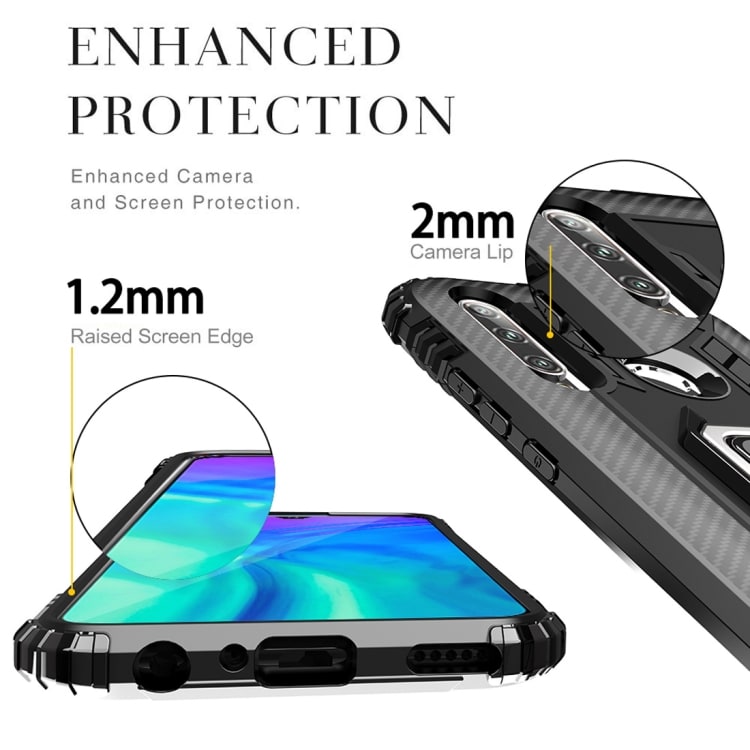 Shockproof Carbon Fiber-cover med ringholder Huawei Honor 20 Lite, Sort