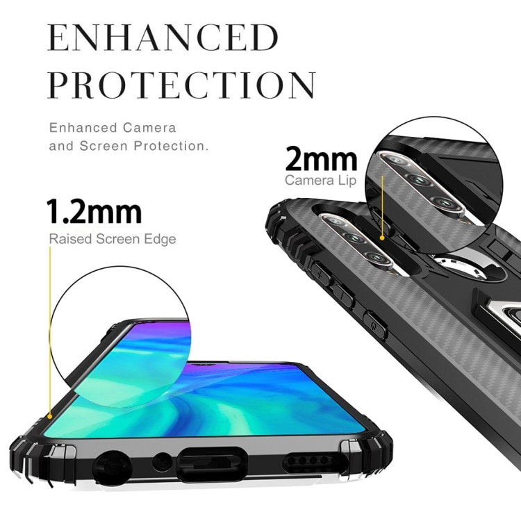 Shockproof Carbon Fiber-cover med ringholder Huawei Honor 10i / 20i, Sort