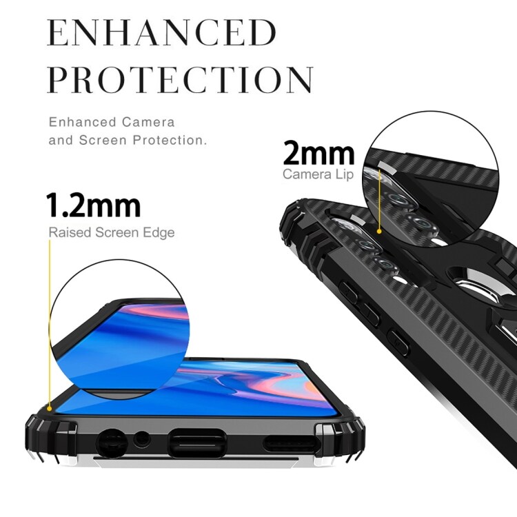 Shockproof Carbon Fiber-cover med ringholder Huawei P Smart Z, Sort