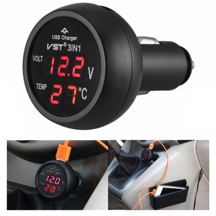 3-i-1 USB-biloplader med voltmeter og temperaturmåling