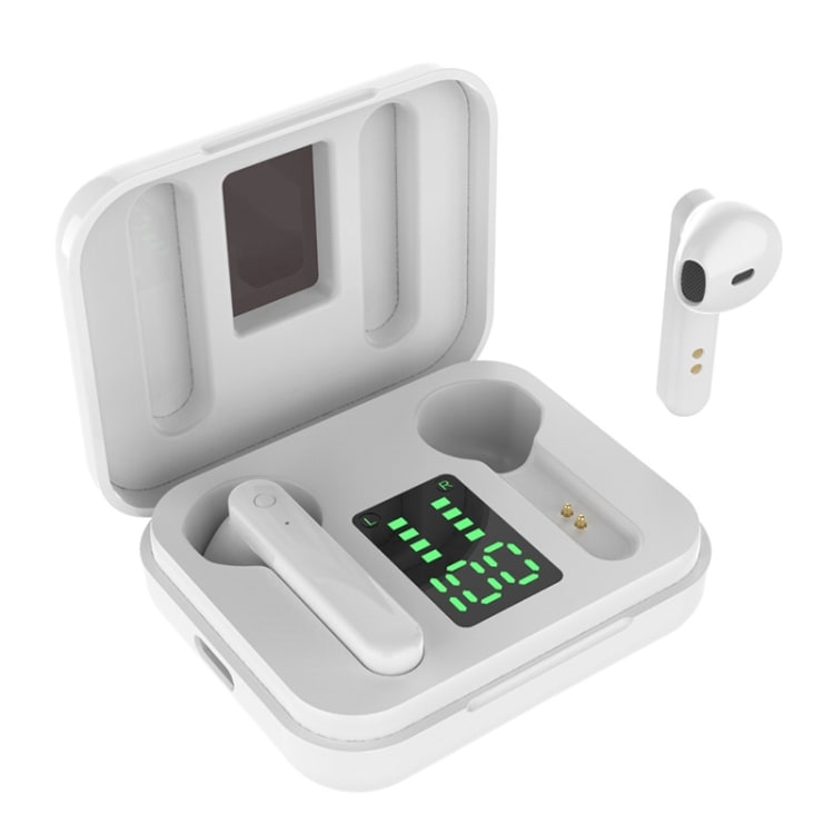 Trådløse Bluetooth høretelefoner med ladebox som har touchdisplay Hvid