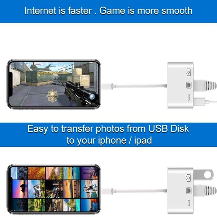 iPhone/iPad switch fra lightning til Ethernet + USB + Lightning