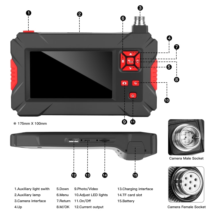 Vandtæt inspektionskamera dual camera med 4.3" display 10m Hårdt Kabel
