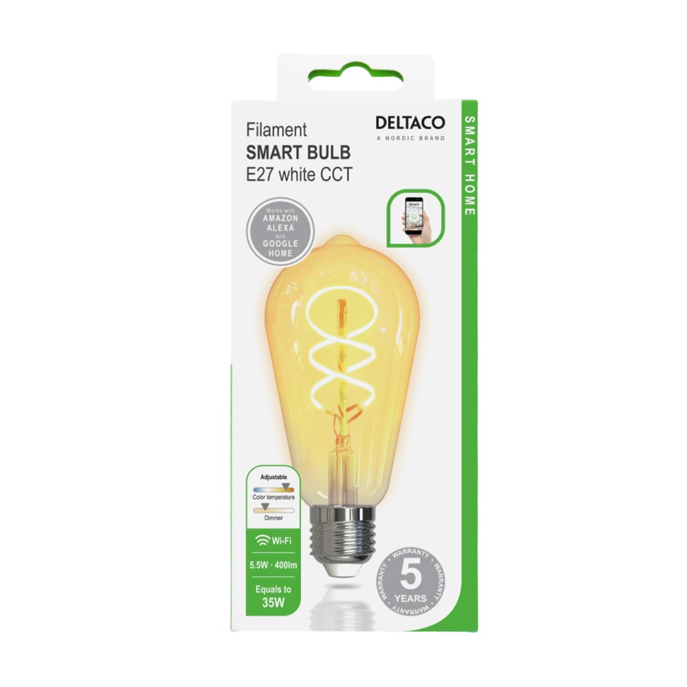 Deltaco Smart Home FILAMENT LED-pære, E27, WiFI, 5.5W