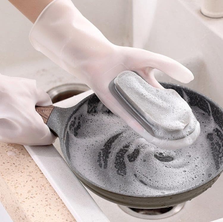 Opvaskehandsker i silikone med opvaskesvamp