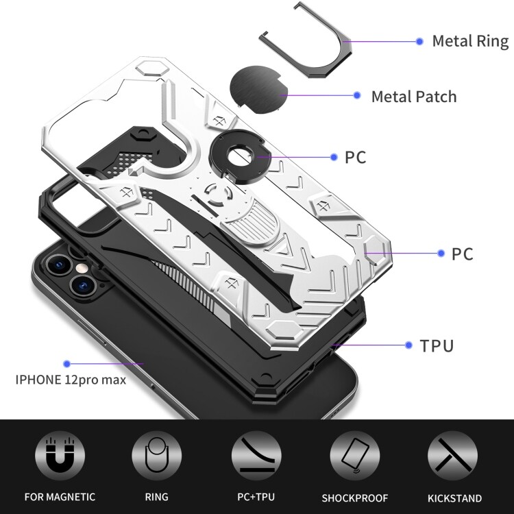 Iron Knight beskyttelsescover med roterende støtte til iPhone 12 / 12 Pro - Sølvfarvet