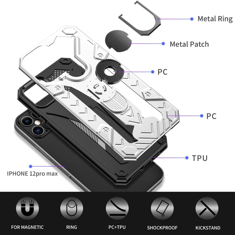 Iron Knight beskyttelsescover med roterende støtte til iPhone 12 Pro Max - Sølvfarvet