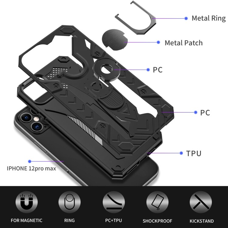 Iron Knight beskyttelsescover med roterende støtte til iPhone 12 / 12 Pro - Sort