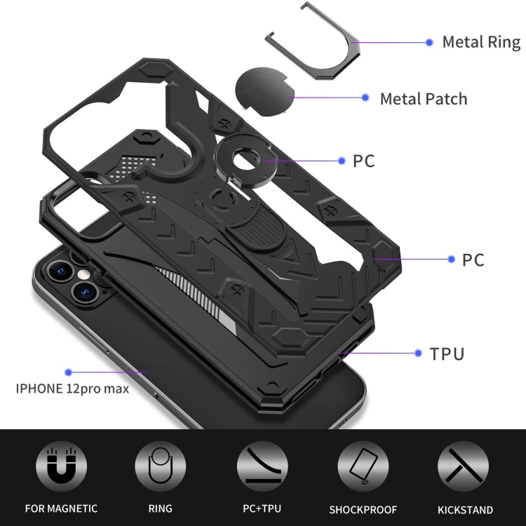 Iron Knight beskyttelsescover med roterende støtte til iPhone 12 Pro Max - Sort