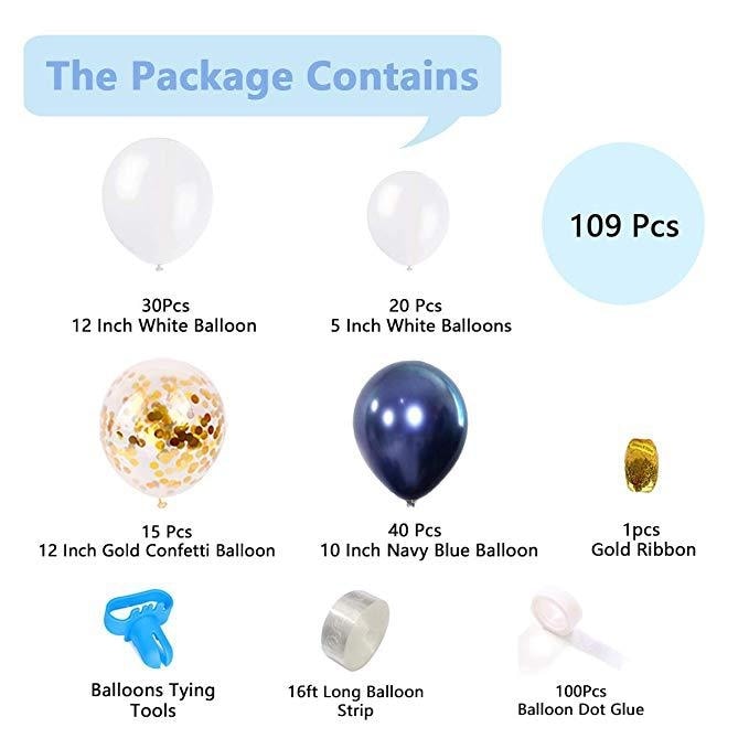 Ballonsæt med 105 balloner Blå, Hvid & Guld