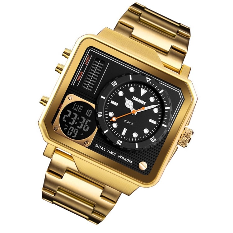 Armbåndsur med digitalt og analogt ur - Guldfarvet