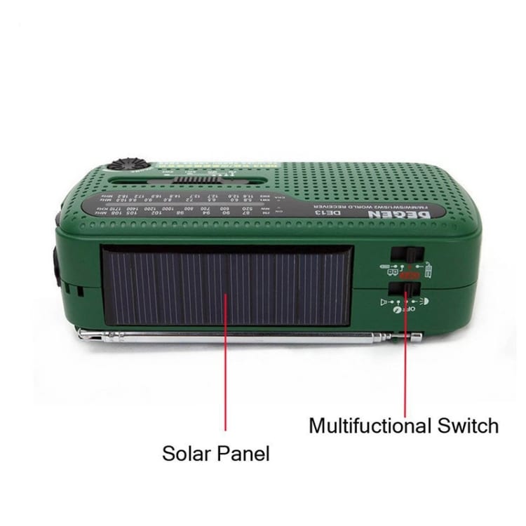 Radio med solcellepanel og håndsving