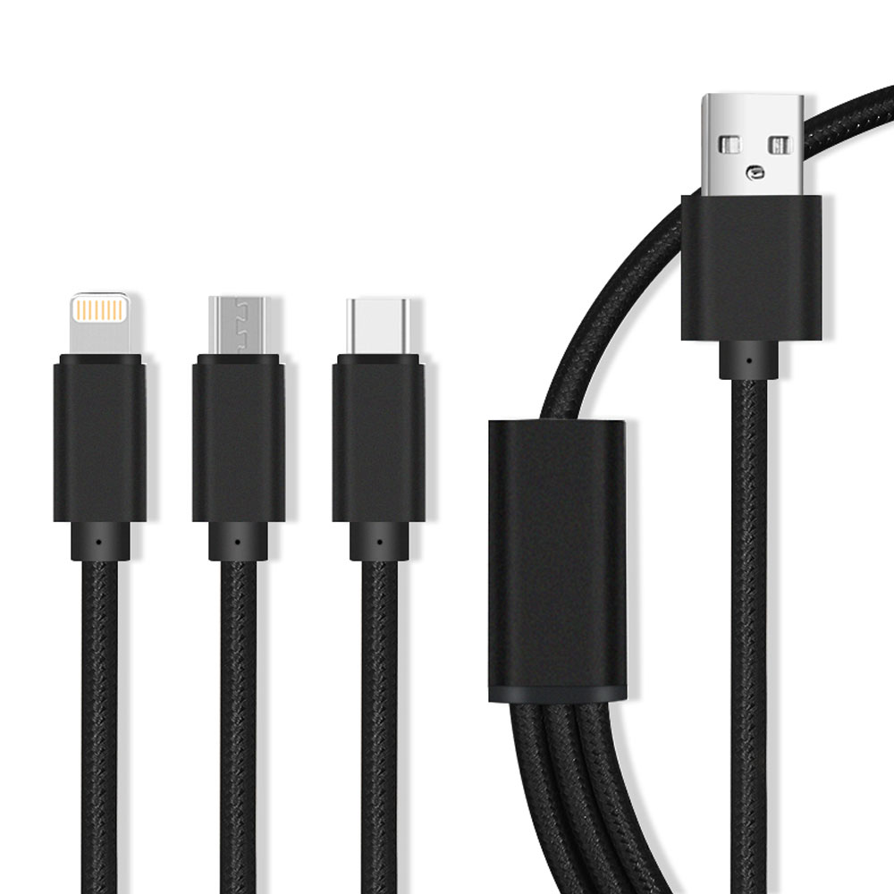 3-i-1 Ladekabel iPhone + USB-C + microUSB 2.1A