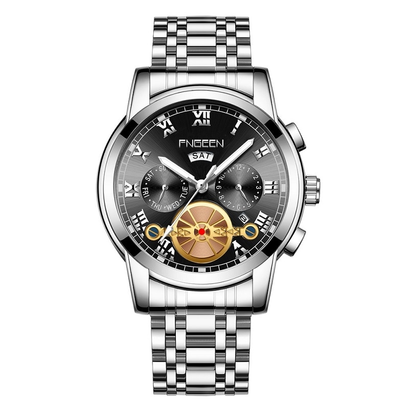 Armbåndsur med selvlysende visere – Sølvfarvet rem, sølvfarvet ramme og sort baggrund