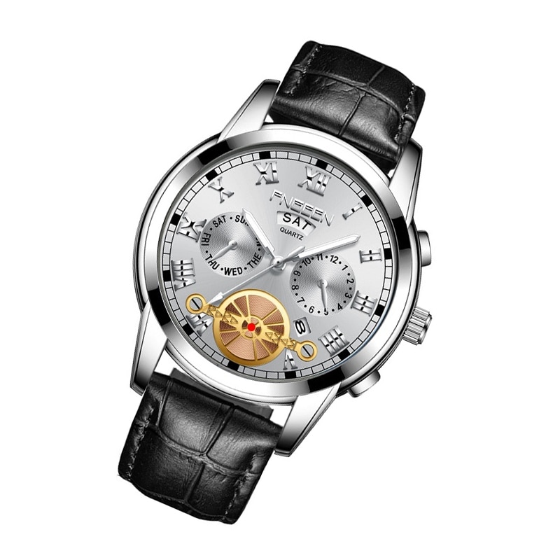 Armbåndsur med selvlysende visere – Sort rem, sølvfarvet ramme og hvid baggrund
