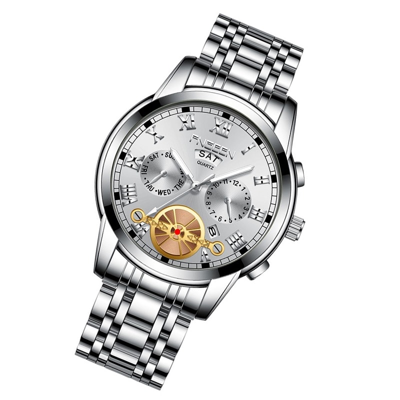 Armbåndsur med selvlysende visere – Sølvfarvet rem, sølvfarvet ramme og hvid baggrund