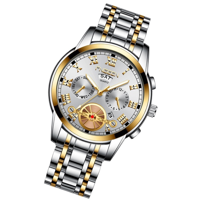 Armbåndsur med selvlysende visere – Sølvfarvet rem, sølvfarvet/guldfarvet ramme og hvid baggrund