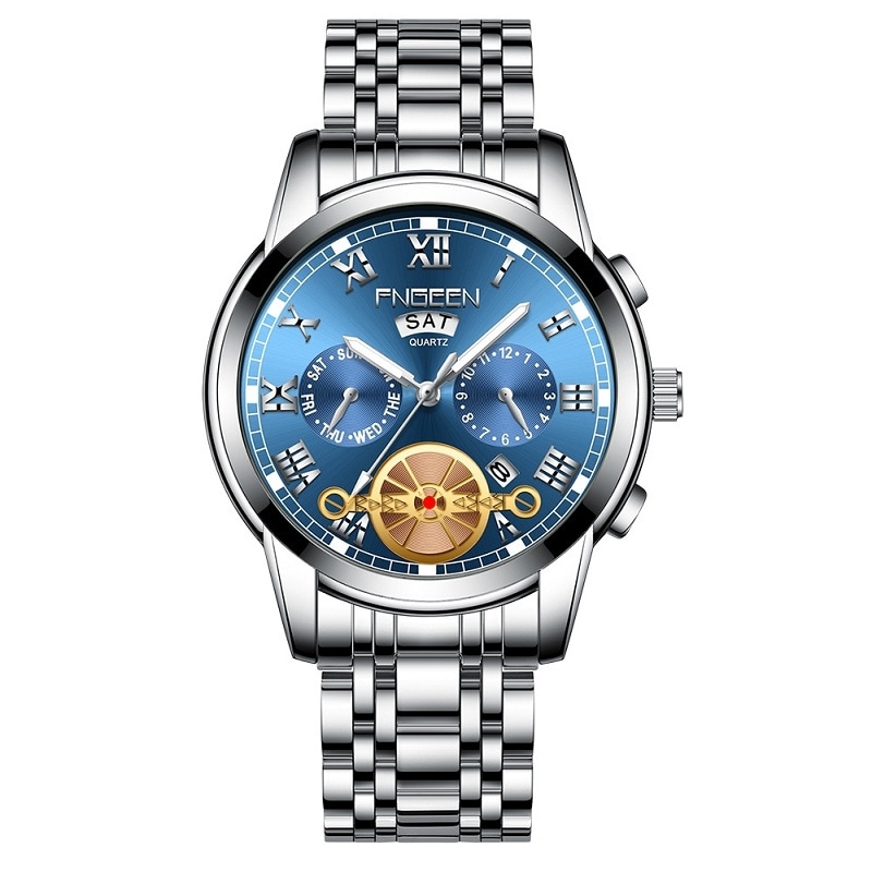 Armbåndsur med selvlysende visere – Sølvfarvet rem, sølvfarvet ramme og blå baggrund