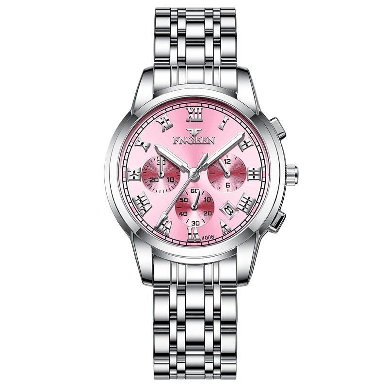 Armbåndsur Sølvrem, rosa baggrund - Dame