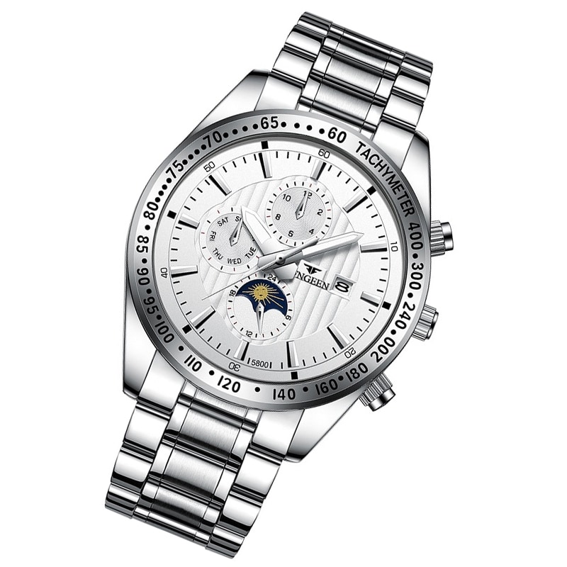 Vandtæt armbåndsur – Sølvfarvet rem, hvid baggrund og sølvfarvet ramme