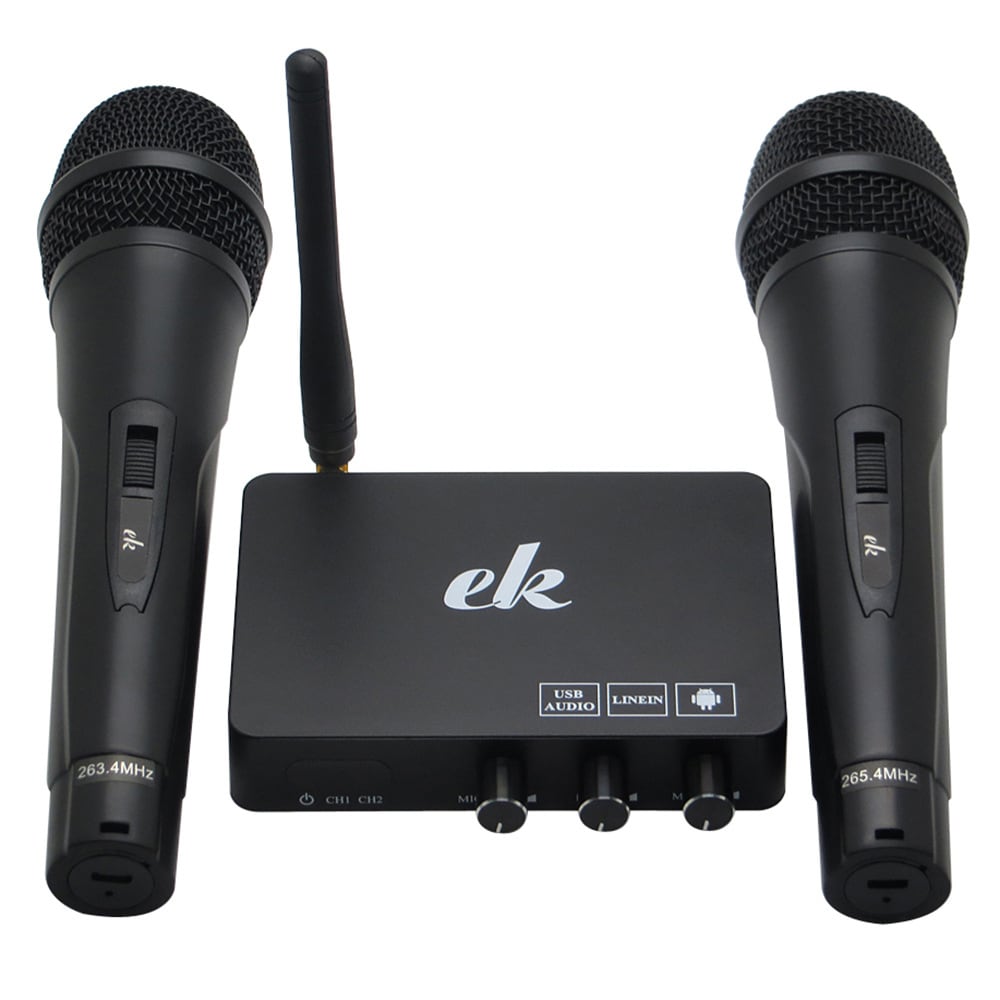 Karaokemaskine / karaokemixer med to trådløse mikrofoner og smart-tv-kompatibilitet