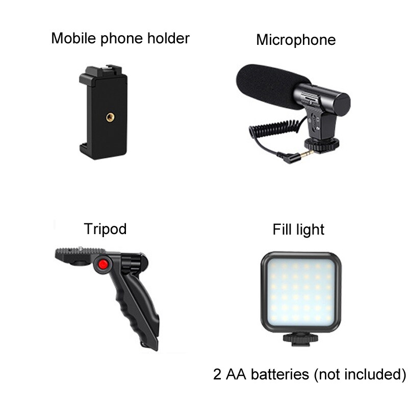 3-i-1-kamerapakke med mikrofon, lys og trefod