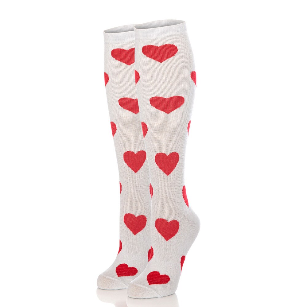 Nuddy støttestrømper str 41-45 - Hvide med røde hjerter