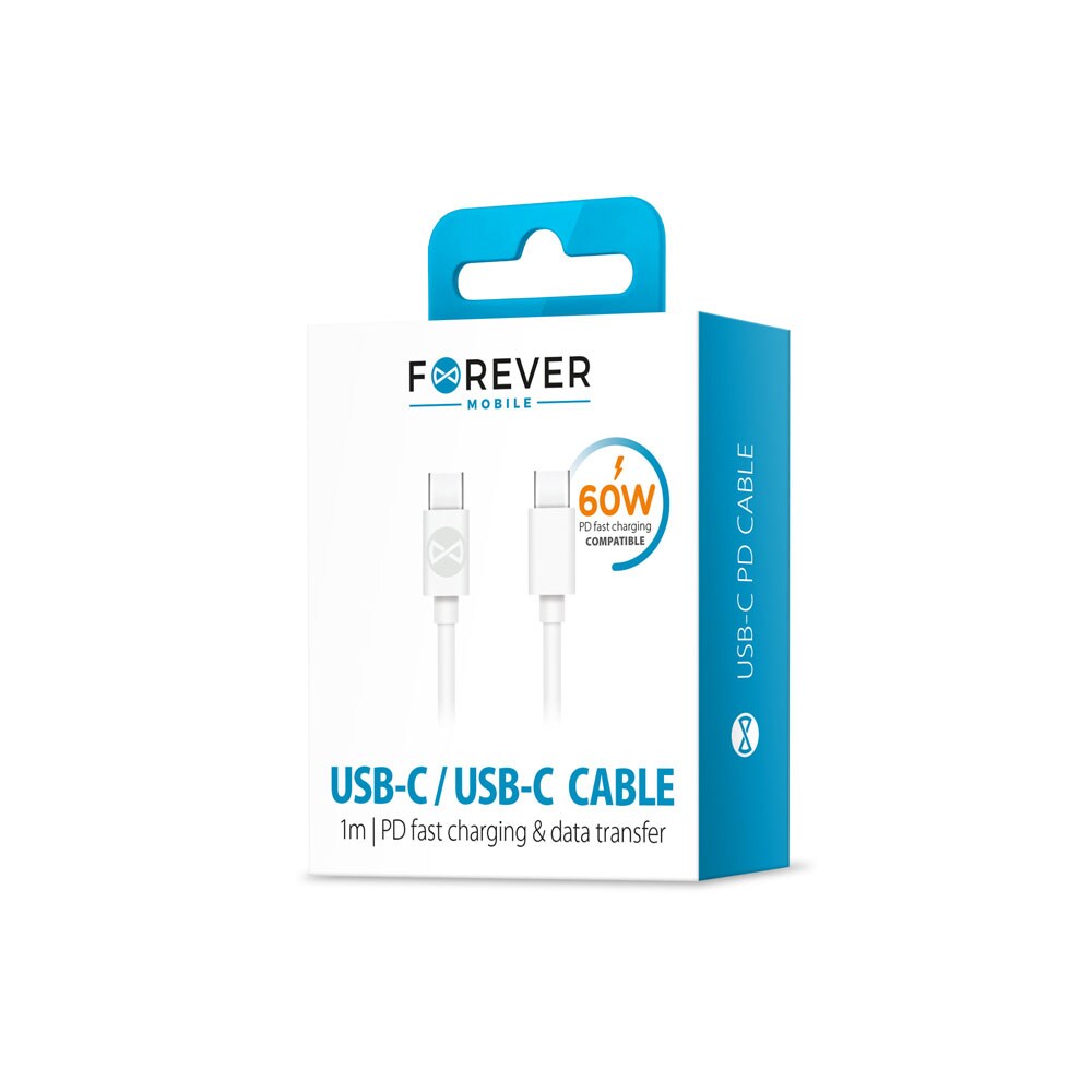 Forever USB-C til USB-C-kabel 1m 3A - Hvidt