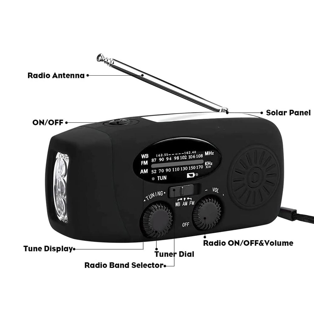 Nødradio / Håndssvingsradio dynamo med håndsving og solcellepanel
