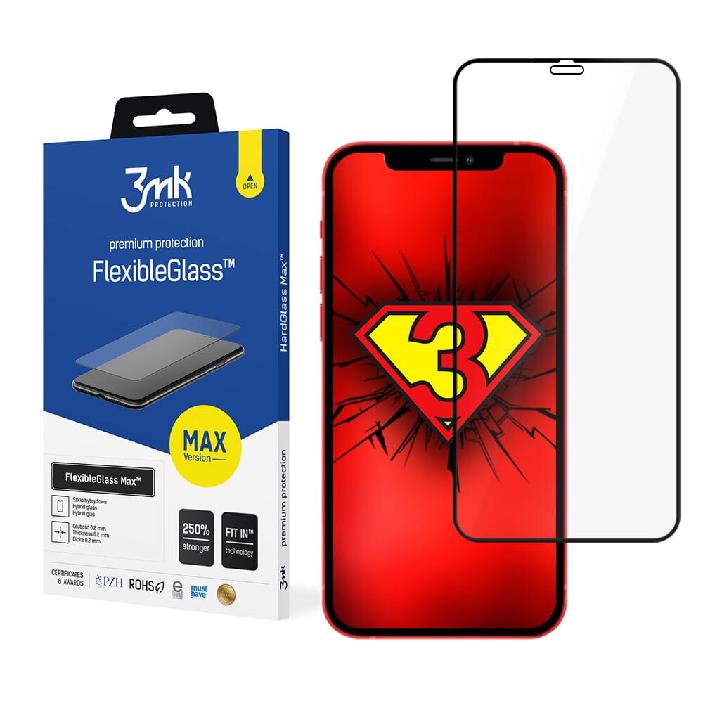 3mk Flexibelt 2.5D Max Hybridglas iPhone 12 / 12 Pro Sort Ramme