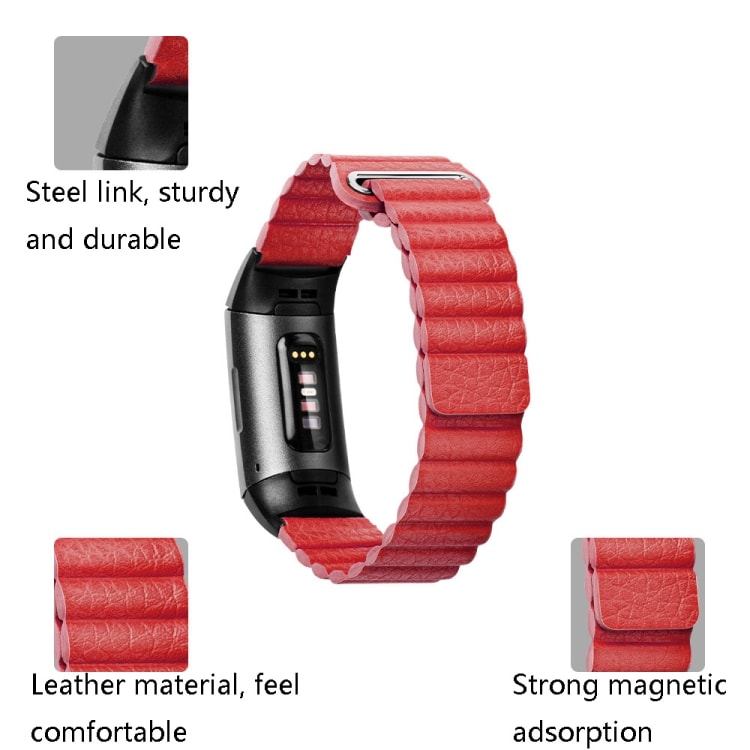 Rød rem i læder til Fitbit Charge 3/4 - large