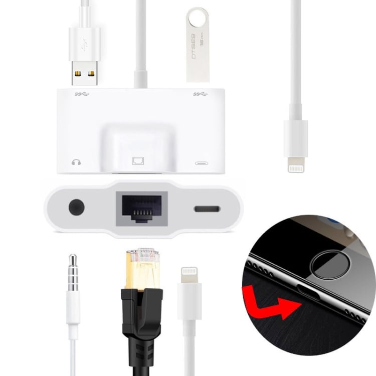 iPhone adapter til Dual USB + 3,5 mm AUX + Ethernet