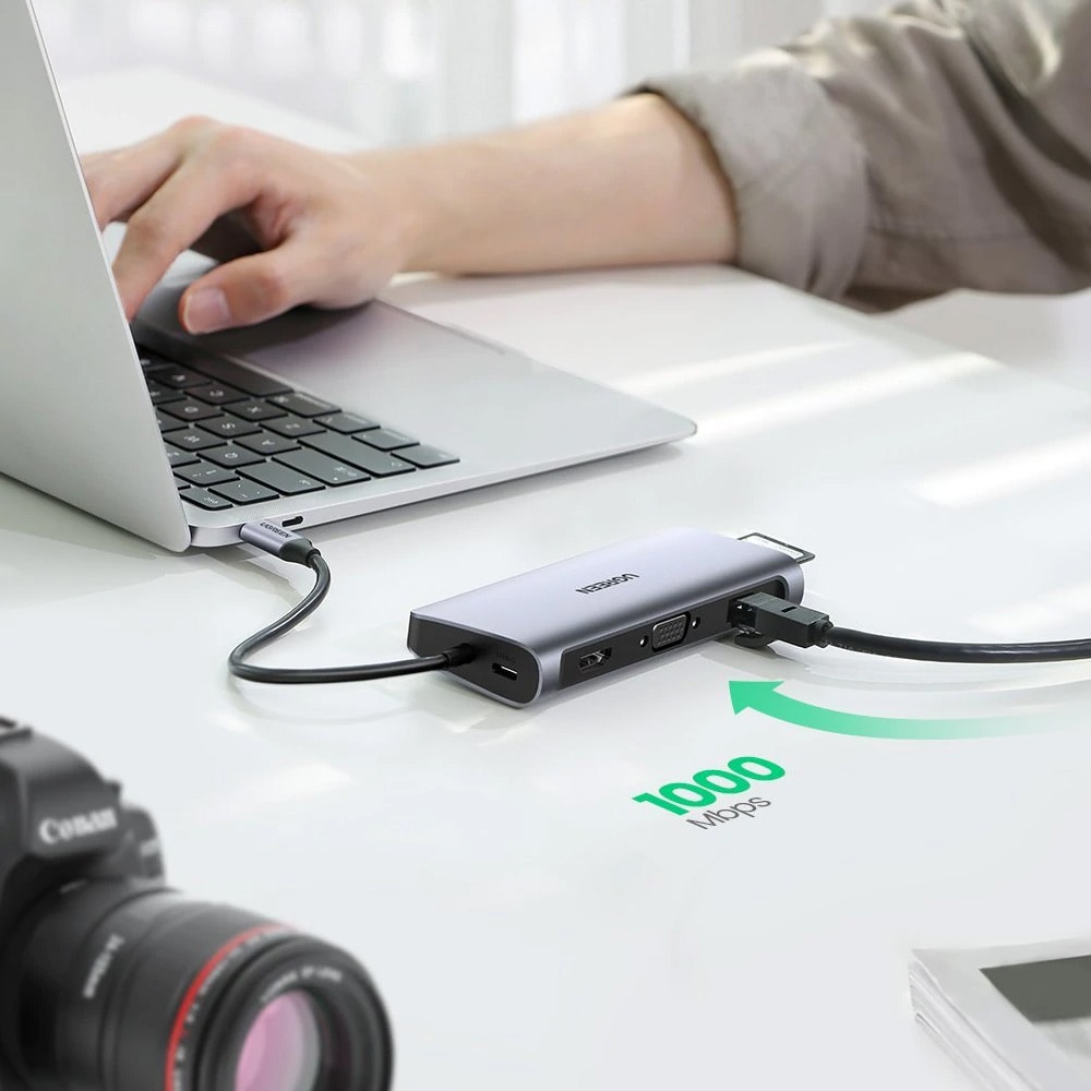 USB Type-C Hub med 100W, Kortlæser, VGA, Ethernet og HDMI-port