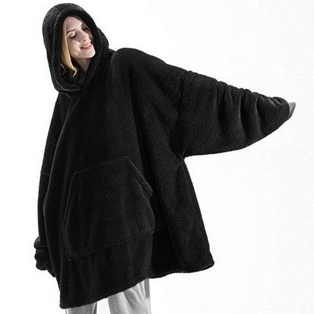 Oversized hættetrøje til børn og voksne med kængurulomme og hætte - Sort