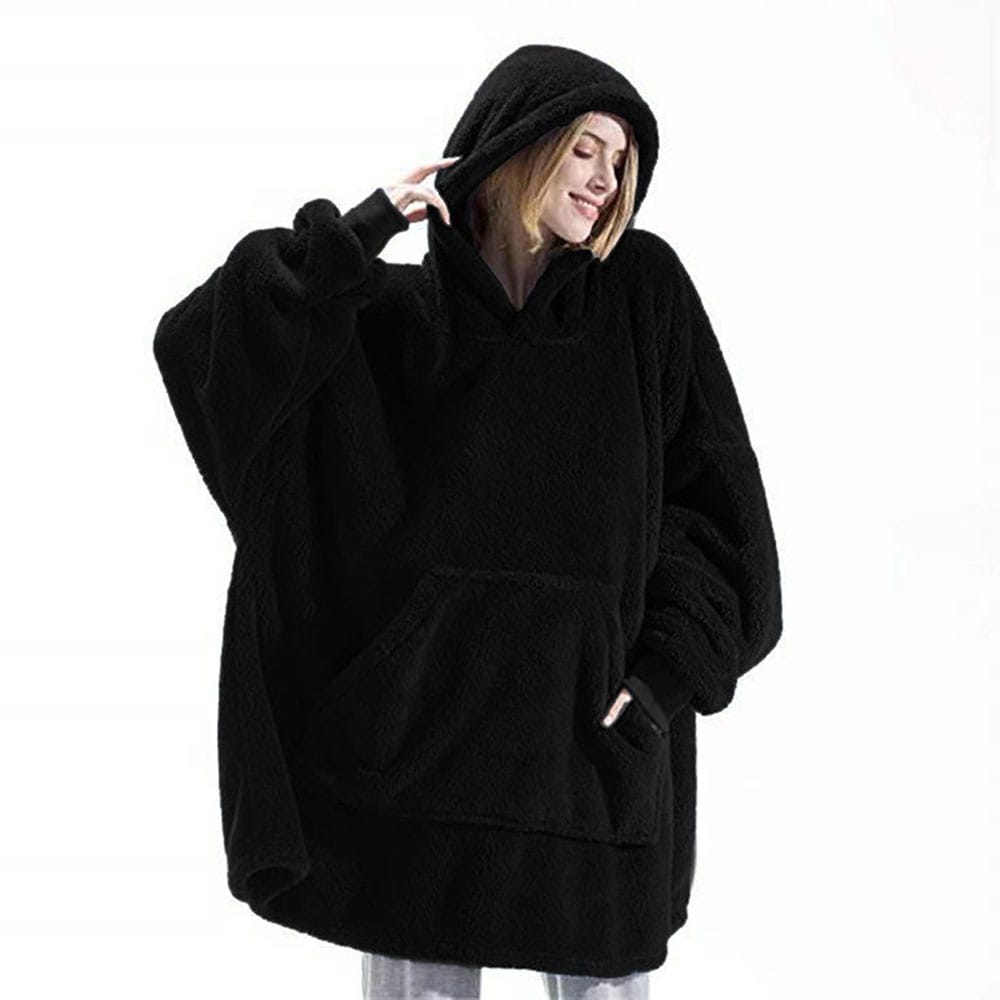 Oversized hættetrøje til børn og voksne med kængurulomme og hætte - Sort