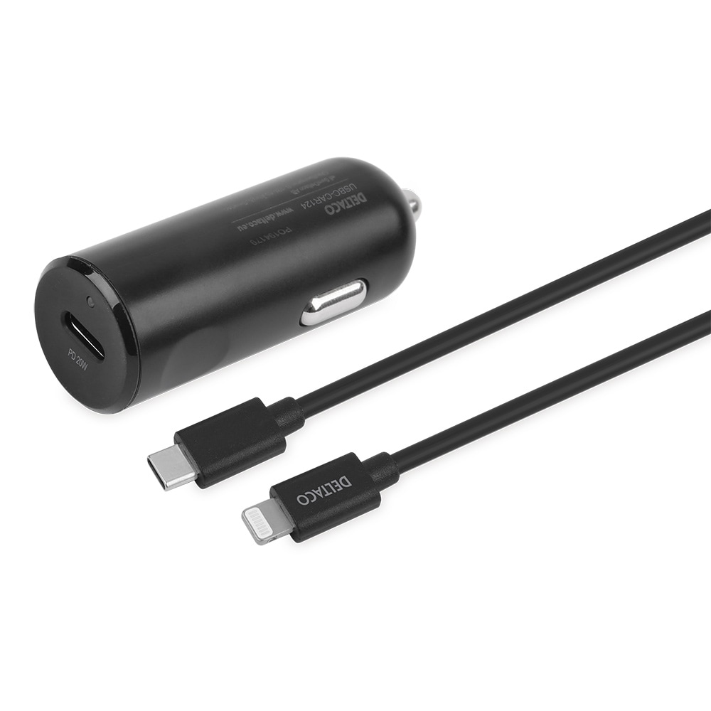 Deltaco USB Typ-C Biloplader 20W PD med USB Typ-C til lightningkabel