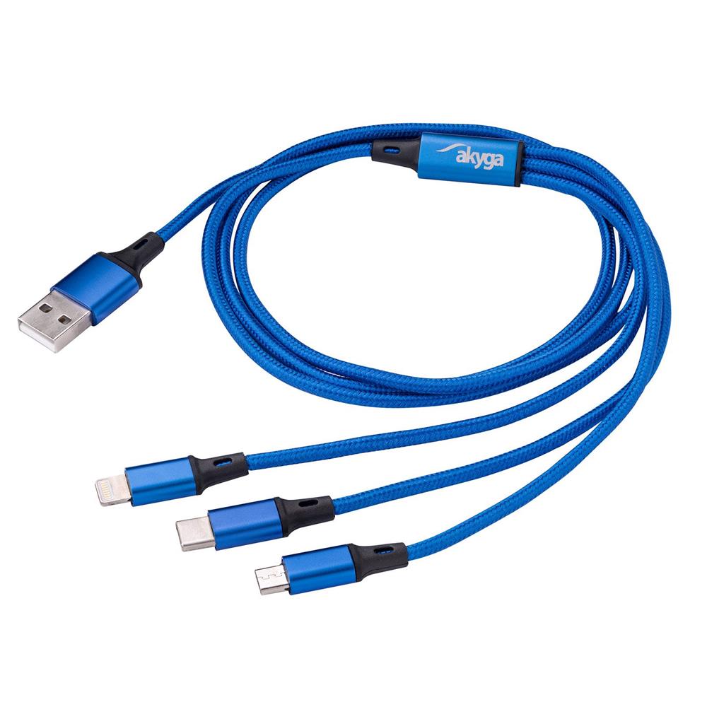 Akyga Ladekabel USB-A - Micro-USB+USB-C+Lightning 1,2 m - Blå