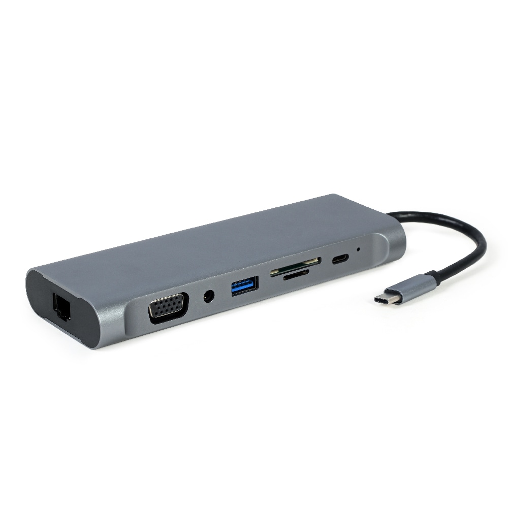 Cablexpert USB-C Dockingstation 8-i-1 med USB, HDMI, DisplayPort, VGA, PD, SD, RJ45, 3.5mm