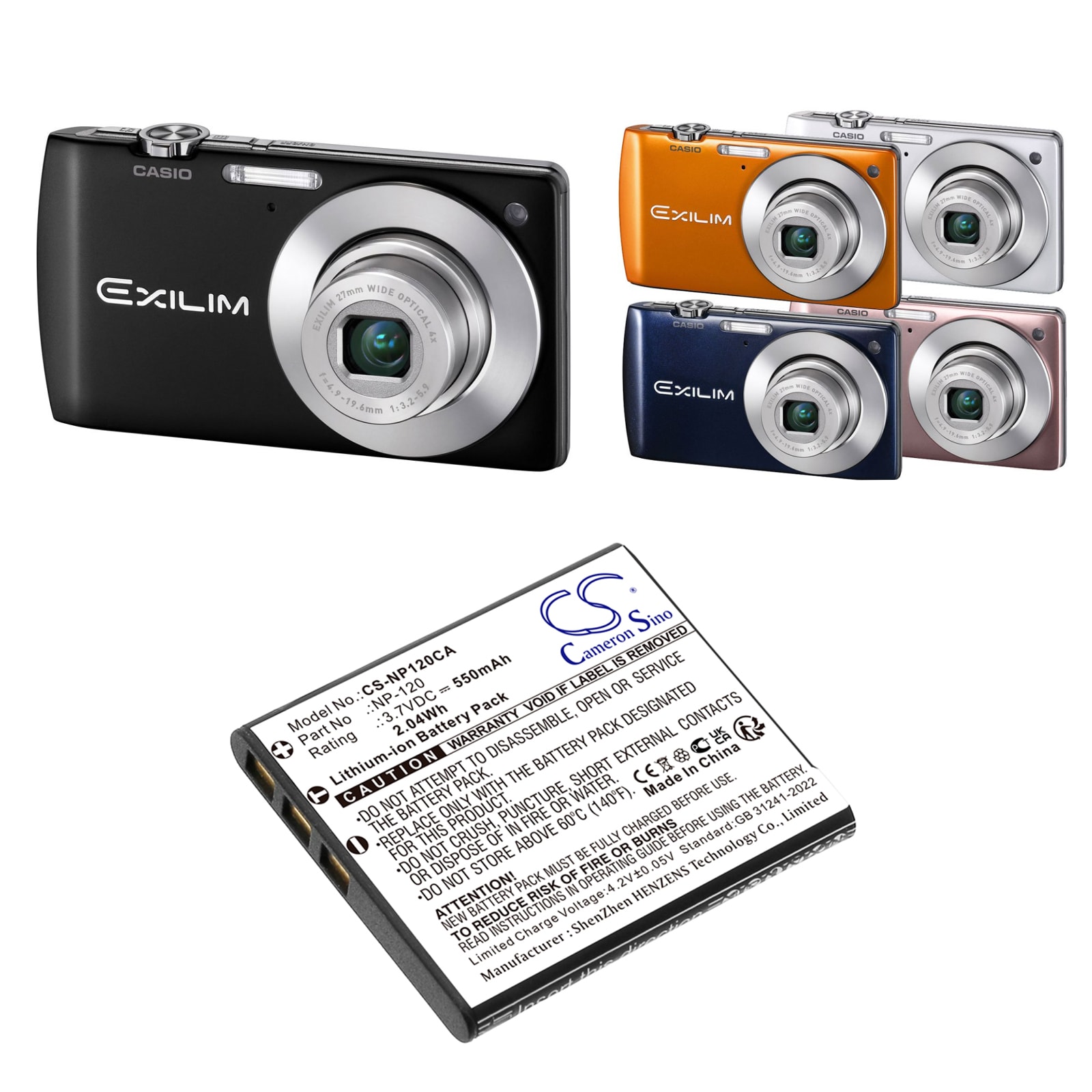 Batteri til kamera til Casio Exilim EX-S200, Exilim EX-S200BE, Exilim EX-S200BK osv.