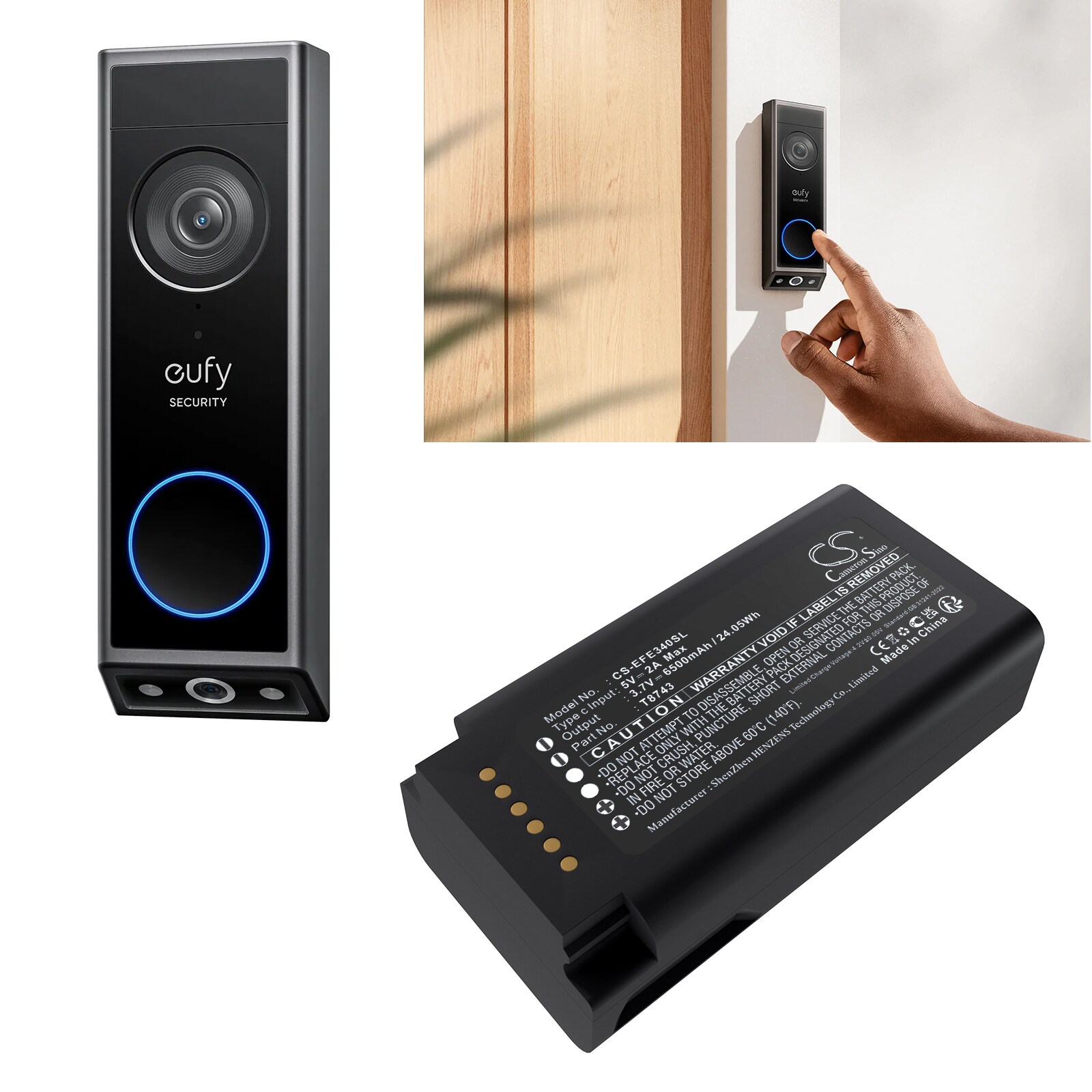 Batteri til sikkerhedskamera til hjemmet til Eufy Video Doorbell E340