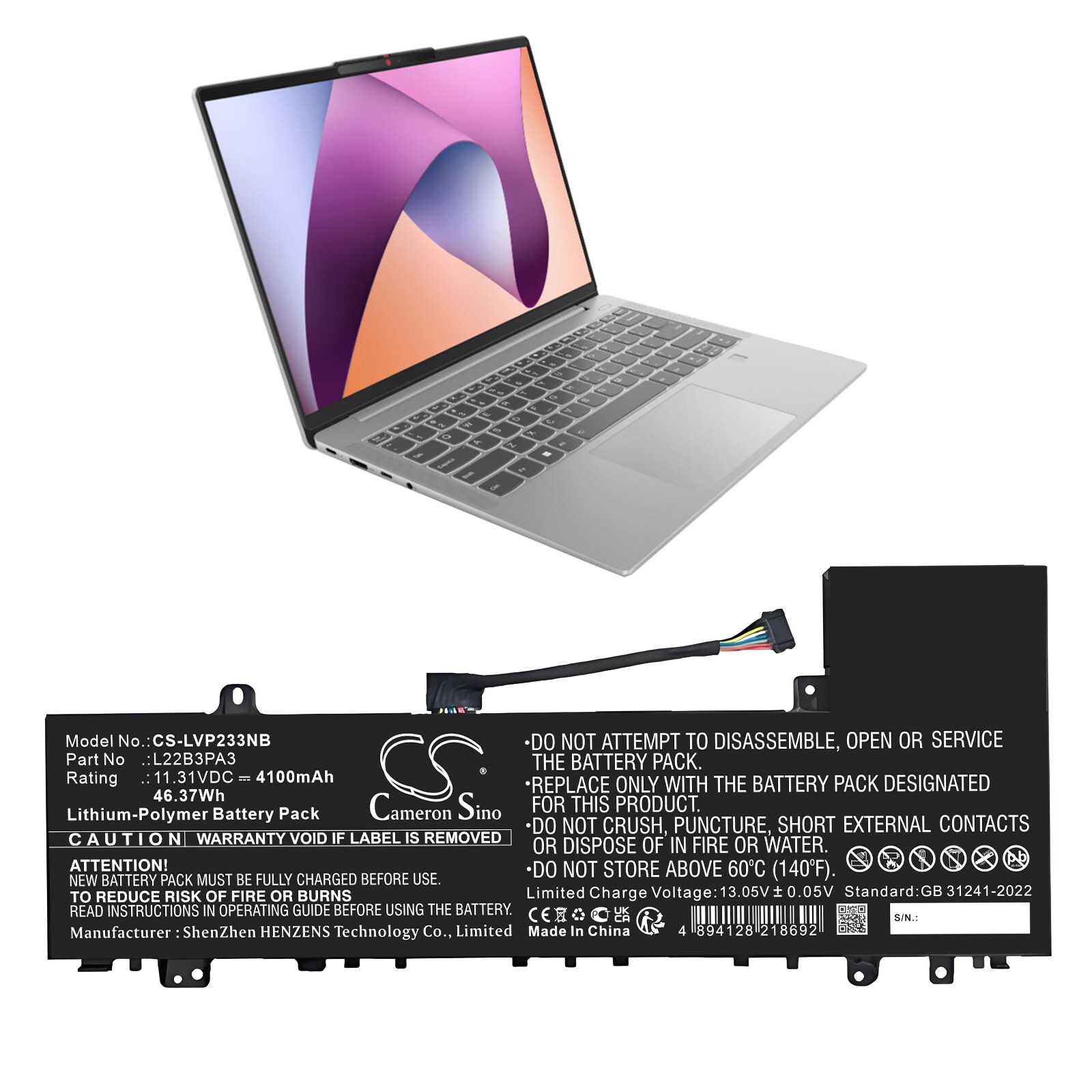 Batteri til notebook, bærbar computer til Lenovo IdeaPad Slim 5 14ABR8 82XE0001RK og andre.