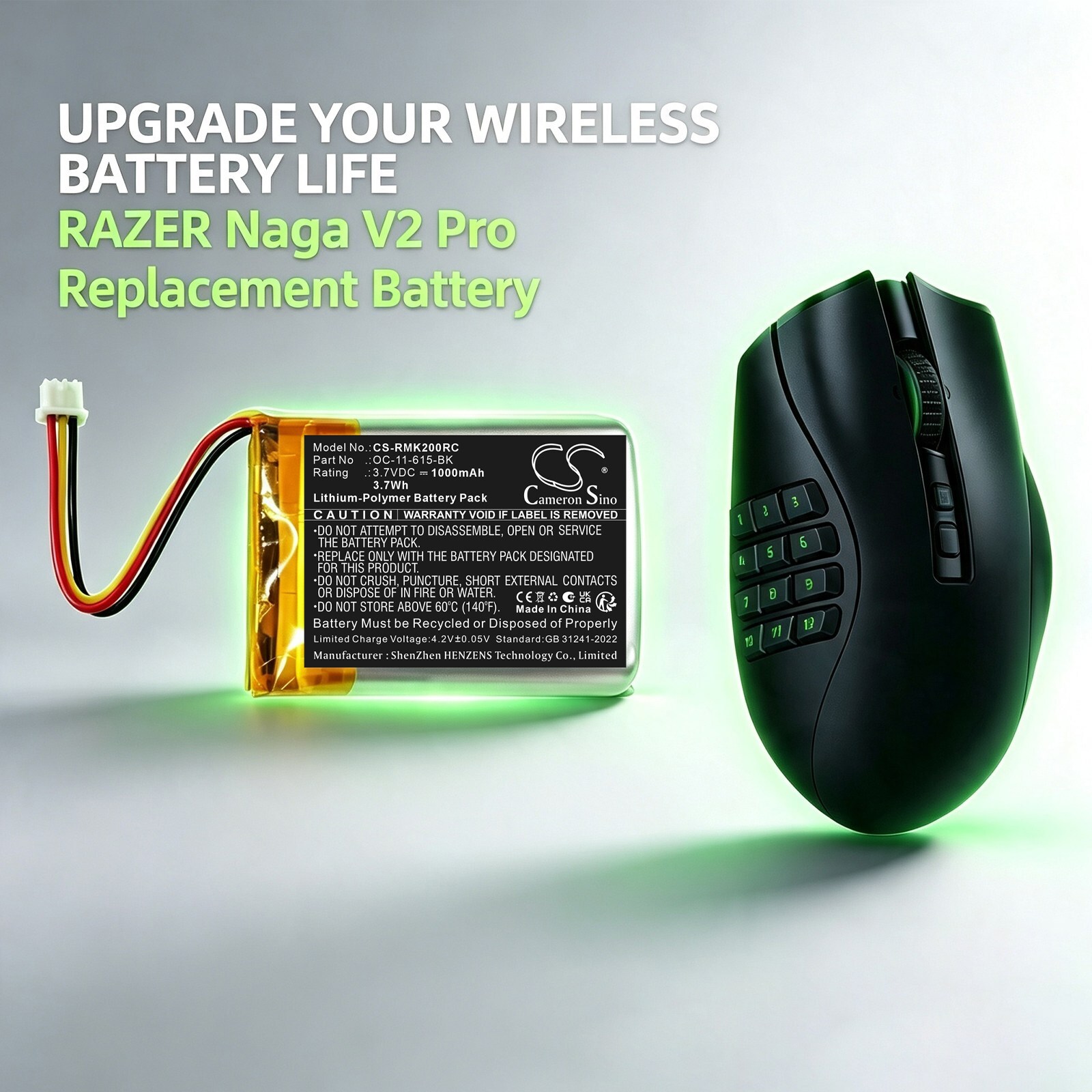 Batteri til tastatur og mus til RAZER Naga V2 Pro, Kain 202 Wireless Gaming Mouse