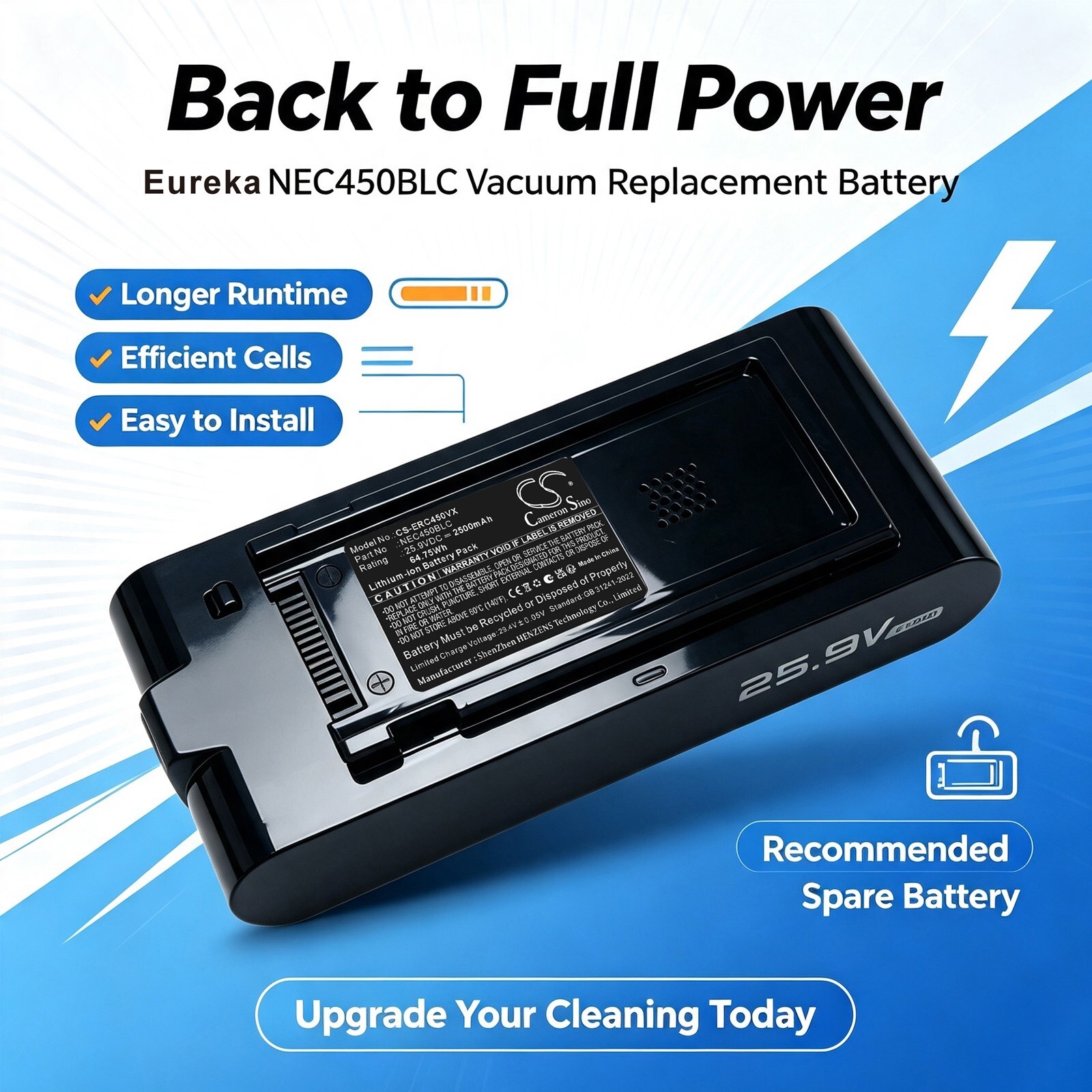 Batteri til Eureka NEC450BLC, ReactiSense 450 trådløs stavstøvsuger