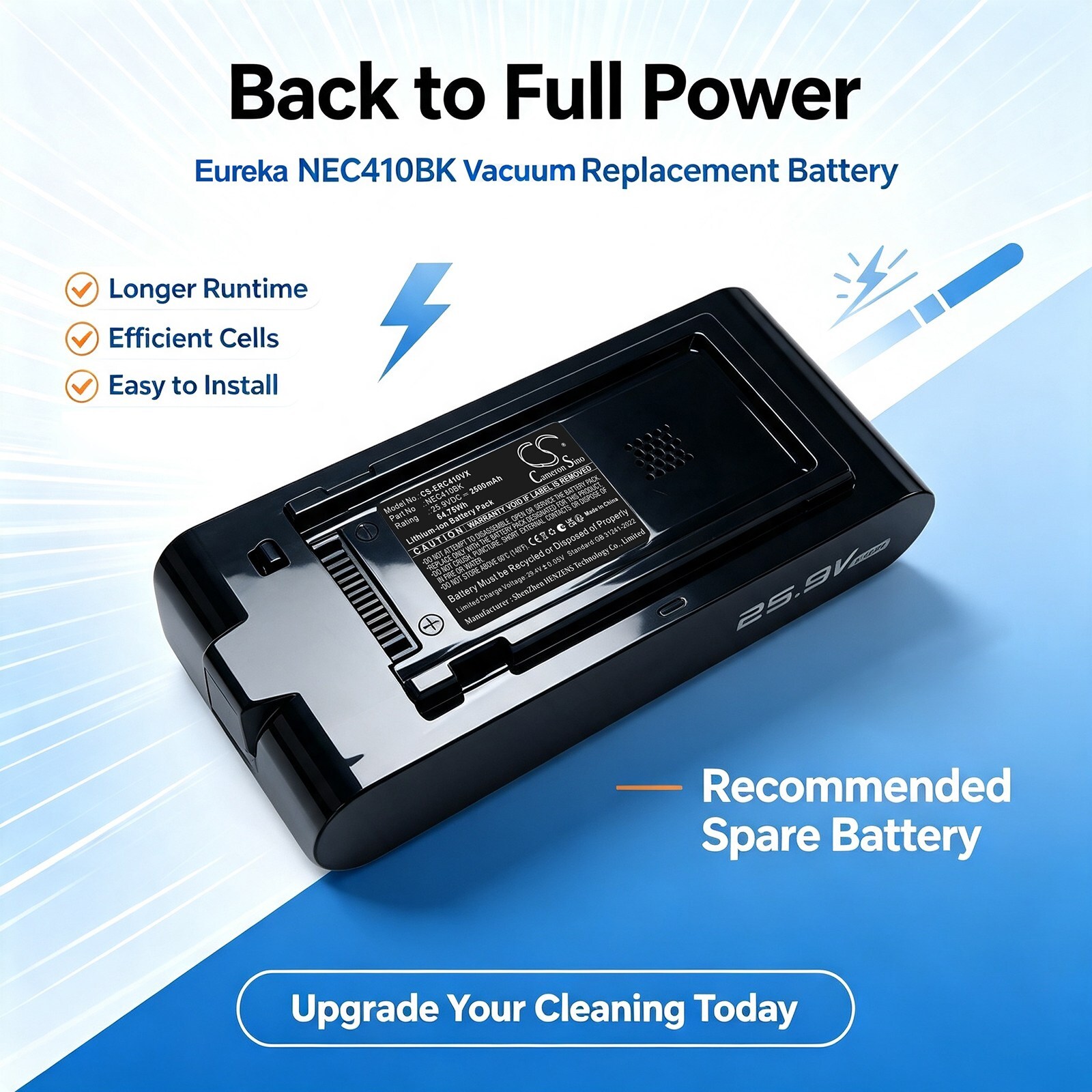 Batteri til Eureka NEC410BKC-støvsuger, ReactiClean 410 Stick Vacuum