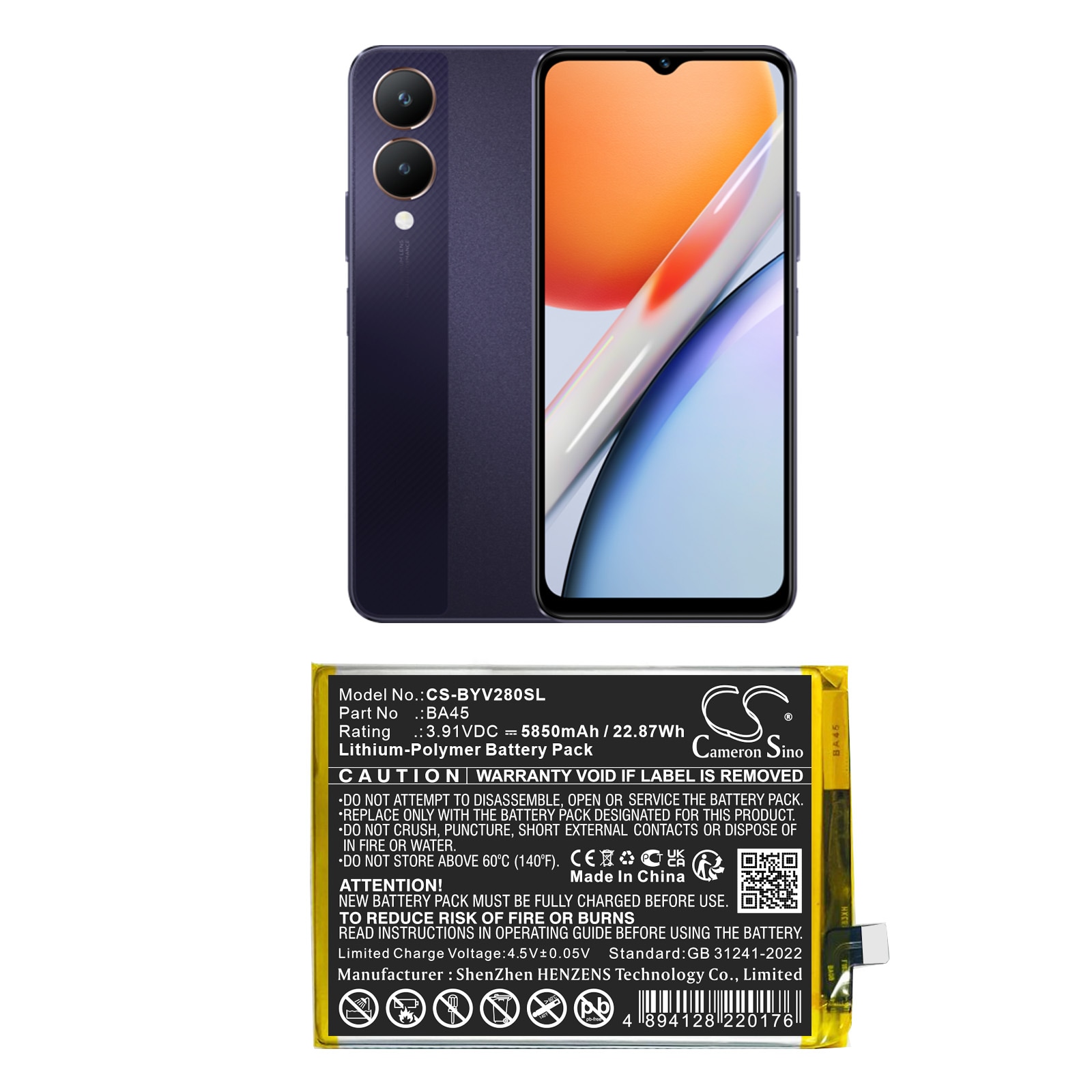 Batteri til mobiltelefon, smartphone til Vivo V2318A, Y28, Y36 5G m.fl.