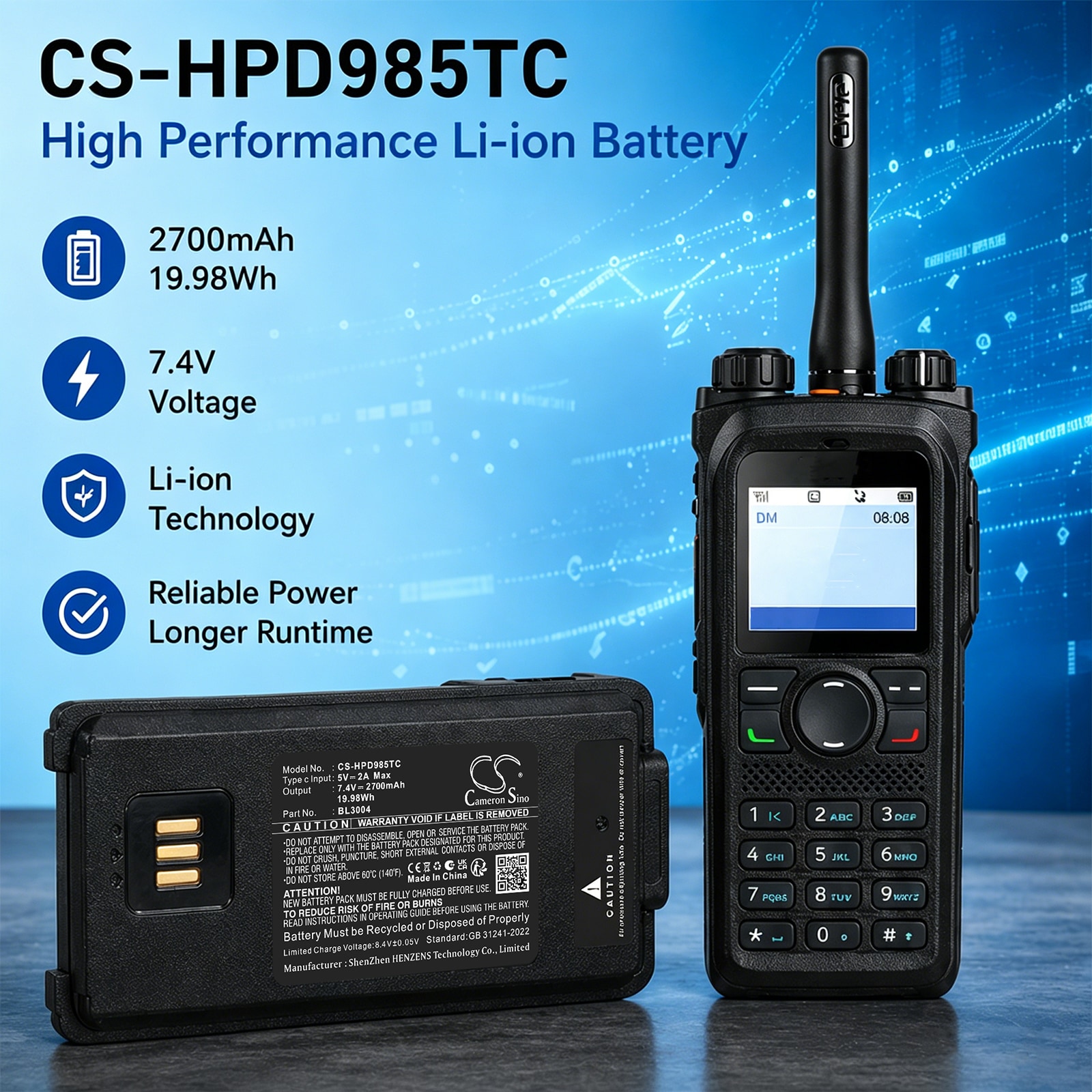 Batteri til tovejsradio til Hytera PD980, PD980, PD985 m.fl.