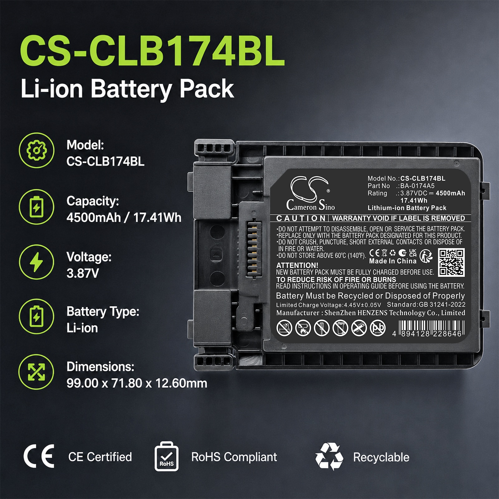 Batteri til stregkodescanner til CipherLAB R25, RS38, RS38WO