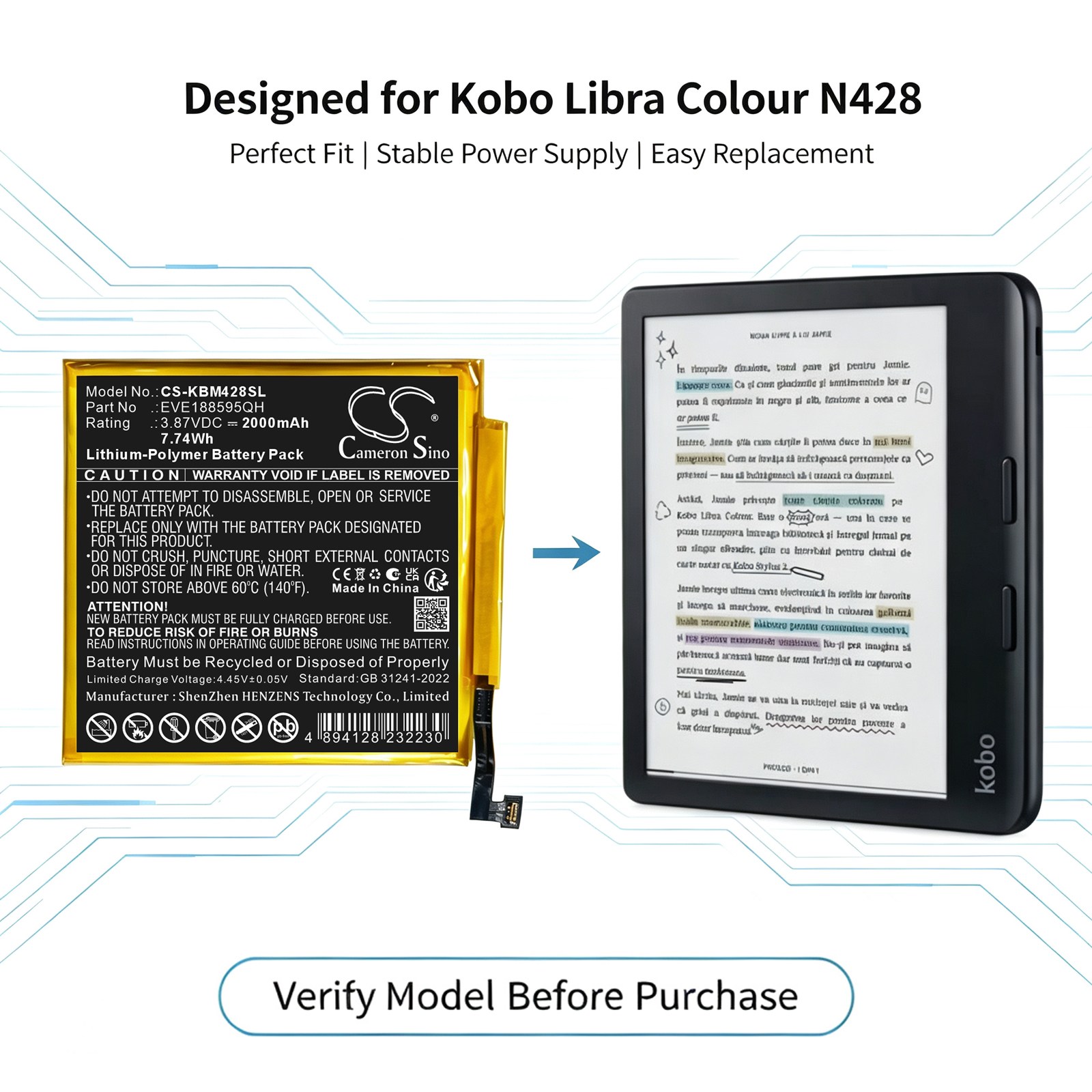 Batteri til e-bog, e-læser til Kobo Libra Colour, N428